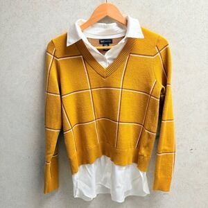 Jones New York M Women Mustard Yellow Plaid V Neck Preppy Office Layered Sweater
